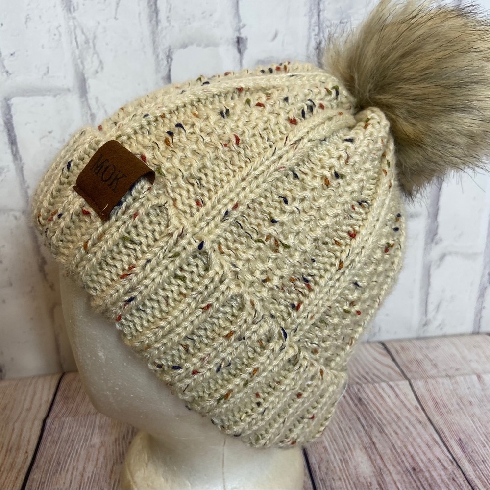 MOK tan brown cable knit cap pom pom